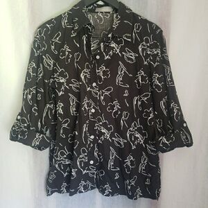 Liz Claiborne Black White Roll-Tab Short Sleeve Button Top Women's Size L Casual